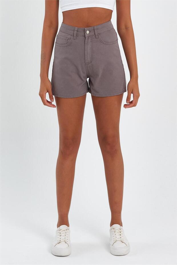 - Kadın Mini Slim Denim Şort Vizon - 2