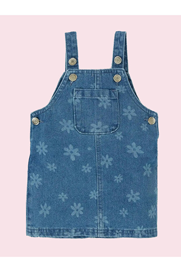 Çiçekli Askılı Jean Elbise - 1