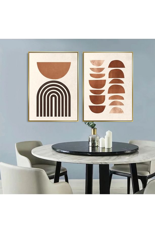 Kahve Bohem Çizgiler Altın Metal Çerçeveli 50x70cm Ikili Kanvas Tablo Tlh93-k - 1