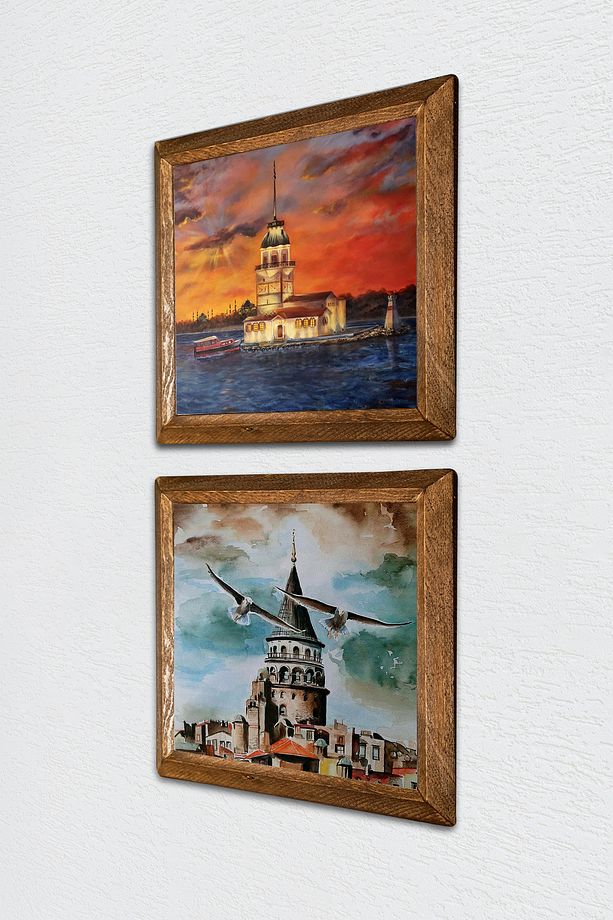 İstanbul Galata Kulesi, Kız Kulesi Taş Duvar Tablosu Ahşap Çerçeveli Duvar Dekoru 2li Tablo -W2-687- - 2