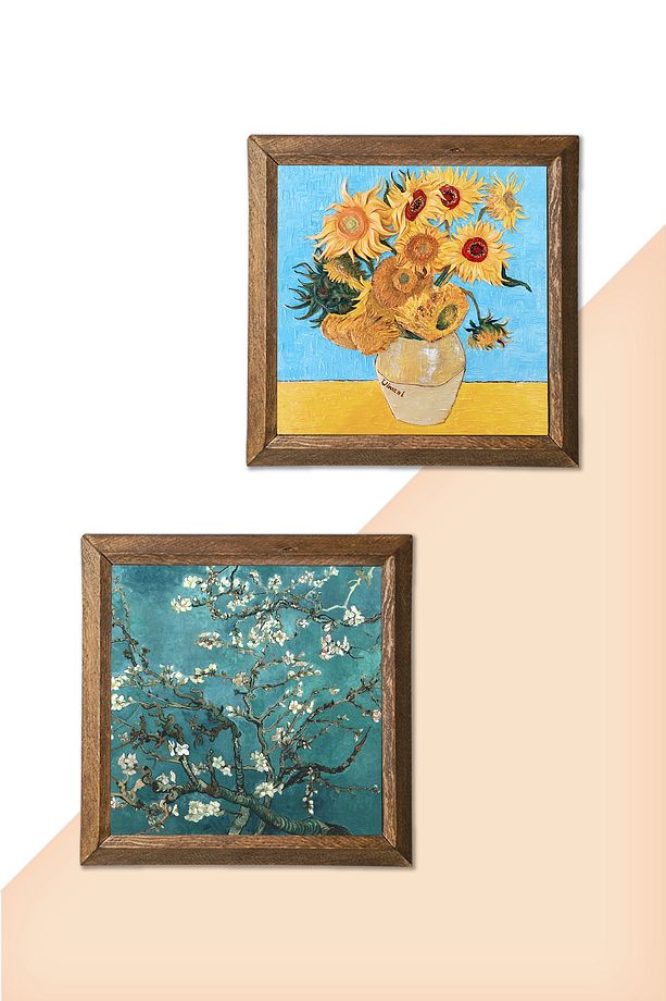 Van Gogh On İki Ayçiçekli Vazo, Badem Ağacı Taş Duvar Tablosu Ahşap Çerçeveli Duvar Dekoru -W2-372- - 5