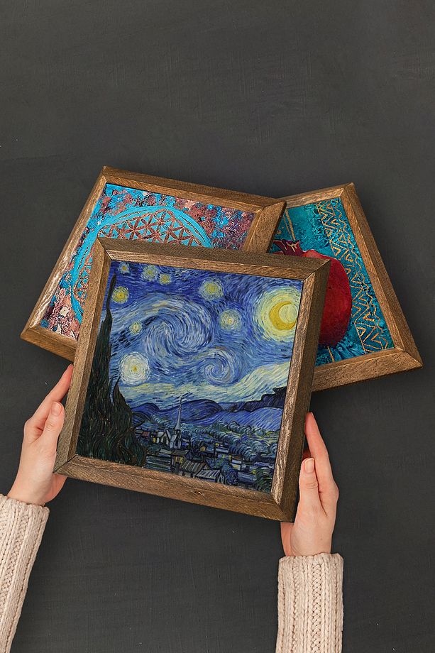 Van Gogh On İki Ayçiçekli Vazo, Badem Ağacı Taş Duvar Tablosu Ahşap Çerçeveli Duvar Dekoru -W2-372- - 4