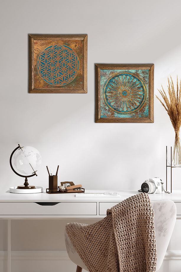 Yaşam Çiçeği Taş Duvar Tablosu Ahşap Çerçeveli Duvar Dekoru 2 Parça Tablo Seti Wall Art -W2-522- - 1
