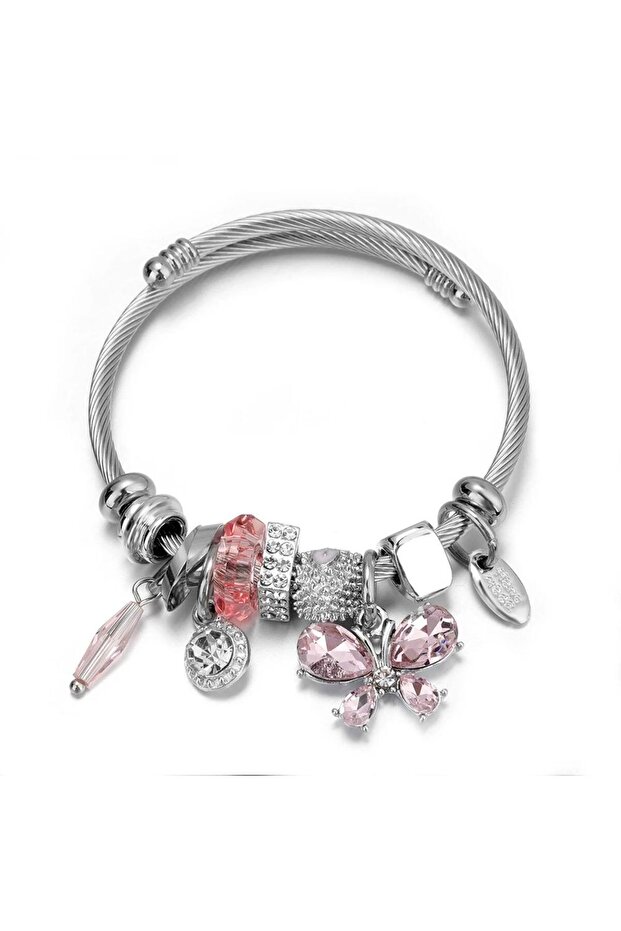 Steel Bracelet with Pink Crystal Butterfly Charm