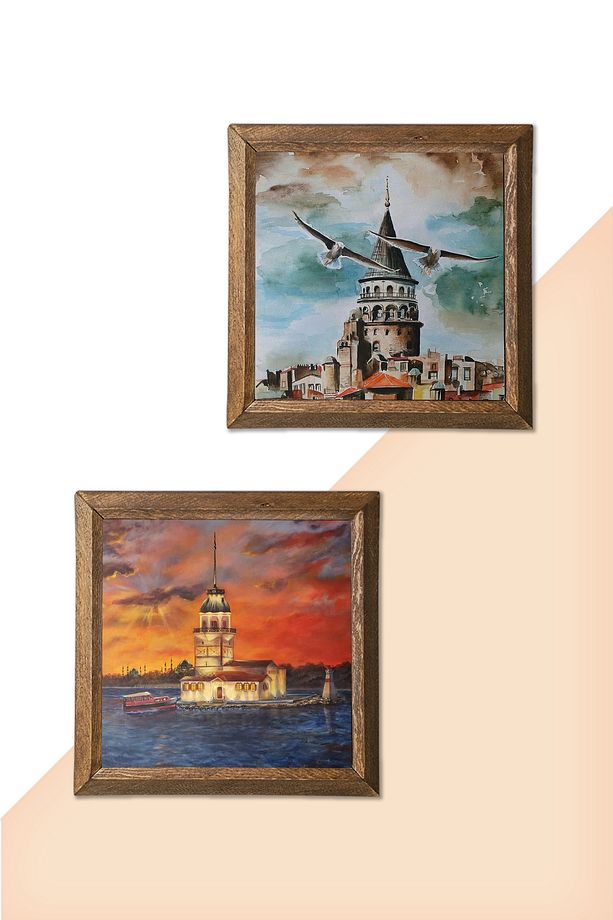 İstanbul Galata Kulesi, Kız Kulesi Taş Duvar Tablosu Ahşap Çerçeveli Duvar Dekoru 2li Tablo -W2-687- - 5