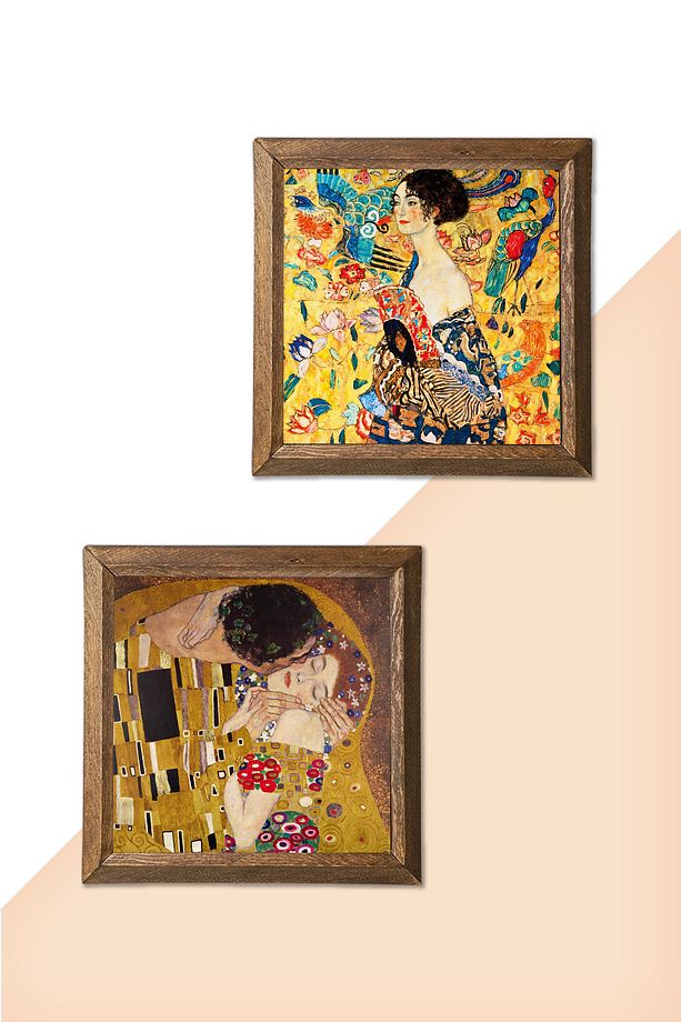Gustav Klimt Yelpazeli Kadın, Öpücük Taş Duvar Tablosu Ahşap Çerçeveli Duvar Dekoru -W2-359- - 5