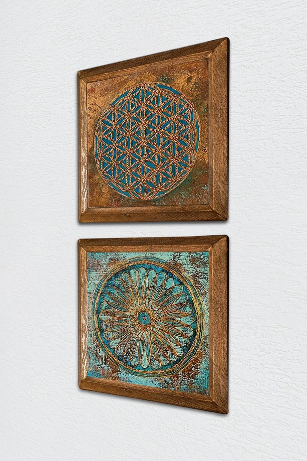 Yaşam Çiçeği Taş Duvar Tablosu Ahşap Çerçeveli Duvar Dekoru 2 Parça Tablo Seti Wall Art -W2-522- - 2