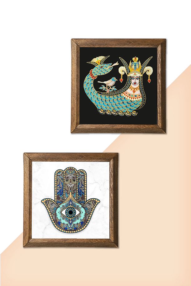 Şahmeran, Fatma Ana Eli (Hamsa) Taş Duvar Tablosu Ahşap Çerçeveli Duvar Dekoru 2li Tablo -W2-04- - 5