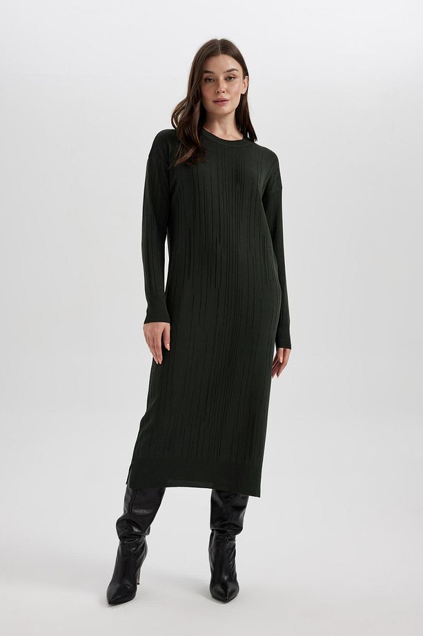 Regular Fit Bisiklet Yaka Basic Düz Uzun Kollu Krep Midi Triko Elbise A9806ax23wn - 2