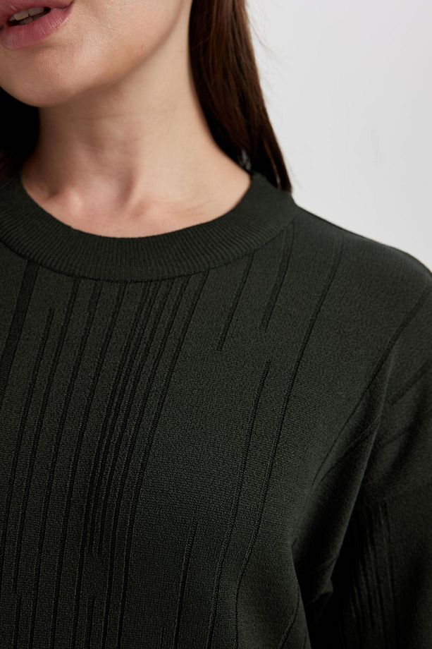 Regular Fit Bisiklet Yaka Basic Düz Uzun Kollu Krep Midi Triko Elbise A9806ax23wn - 4