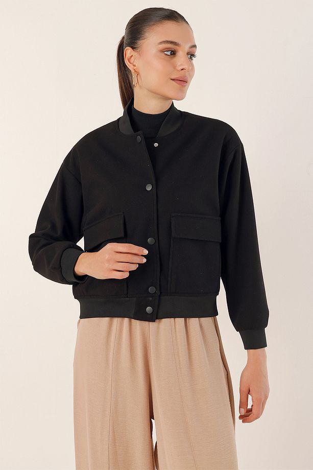 0688 Çift Cepli Crop Ceket - Siyah - 4
