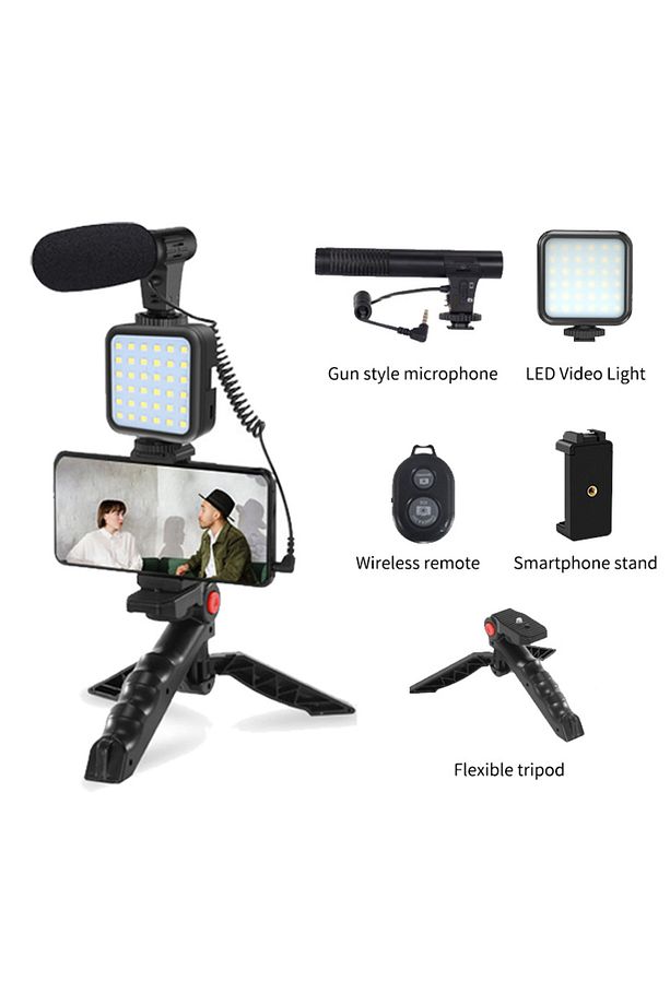 Profesyonel Vlogging Seti Video Kiti Tripod Mikrofon Led Işık Telefon Tutucu Kumandalı Selfie Vlog - 5