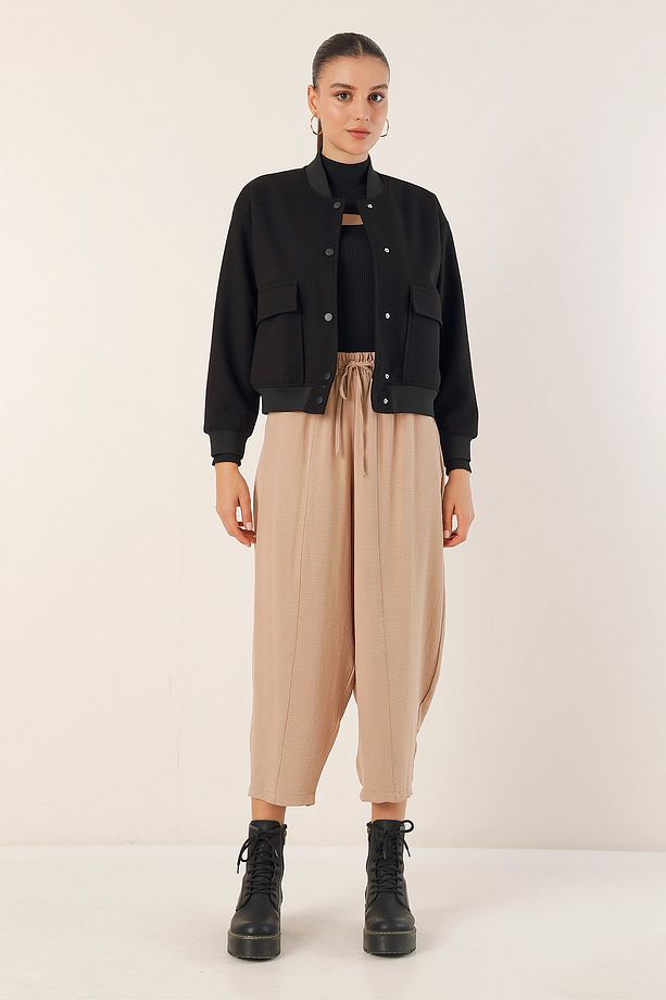 0688 Çift Cepli Crop Ceket - Siyah - 2