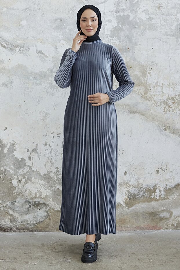 Elza Back Tie Velvet Dress - Gray
