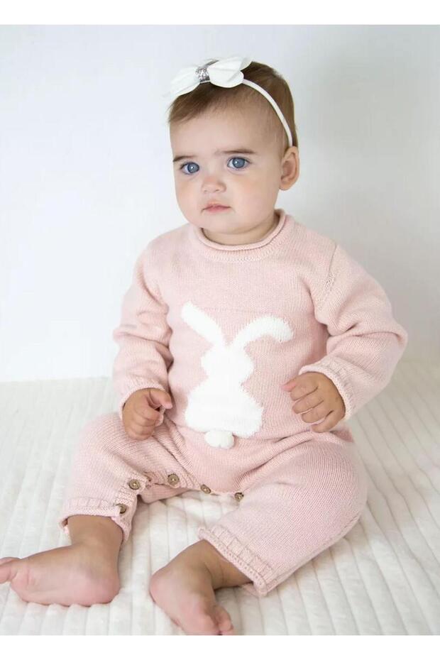 Baby Girl/Boy Winter Knitwear, Soft Knit, Rabbit Jumpsuit with Pompom Pudra