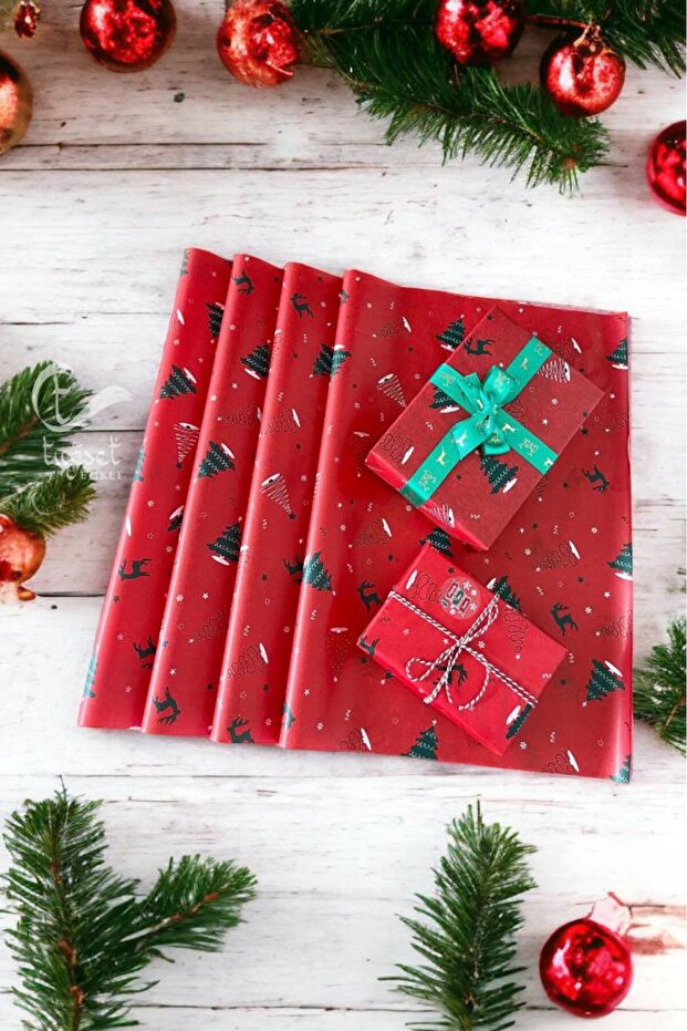 Christmas Pine Deer Patterned Pelur Paper, Red New Year Gift Package, Pelur Paper, New Year Packages