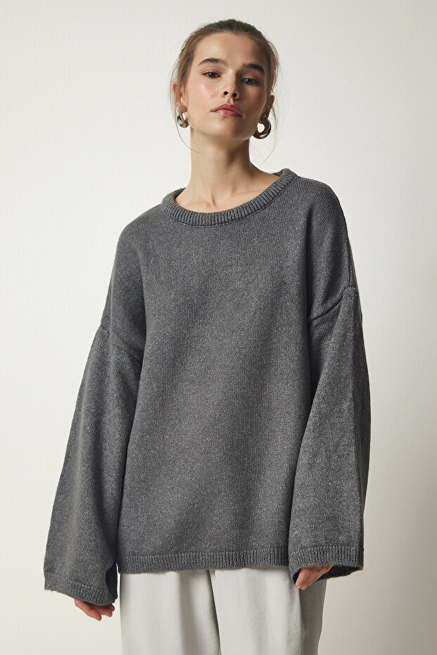 Women's Gray Oversize Basic Knitwear Sweater KB00034