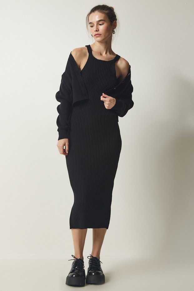 Women's Black Cardigan Dress Knitwear Suit YY00185
