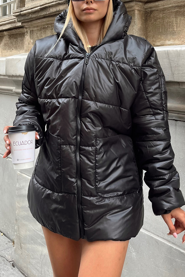 Dámská černá s kapucí, vnější kapsa Puffer Módní oversize nafukovací kabát ALC-X7365 - 2