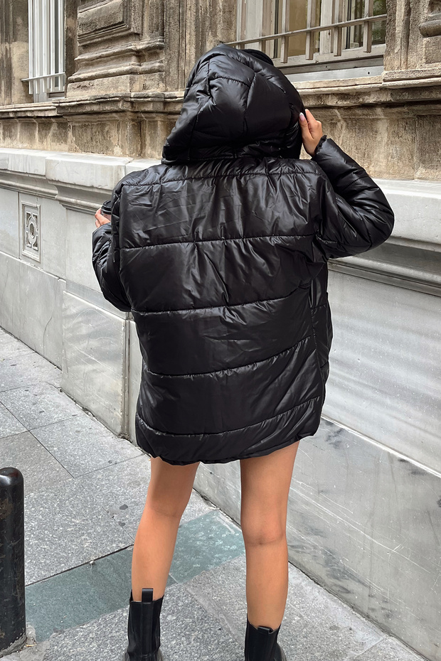 Dámská černá s kapucí, vnější kapsa Puffer Módní oversize nafukovací kabát ALC-X7365 - 8