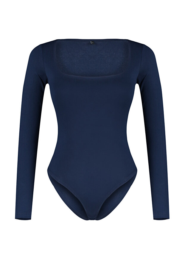 Lacivert Fitted/Vücuda OturaKare Yaka Alttan Çıtçıtlı Örme Body TWOAW24BD00062 - 6