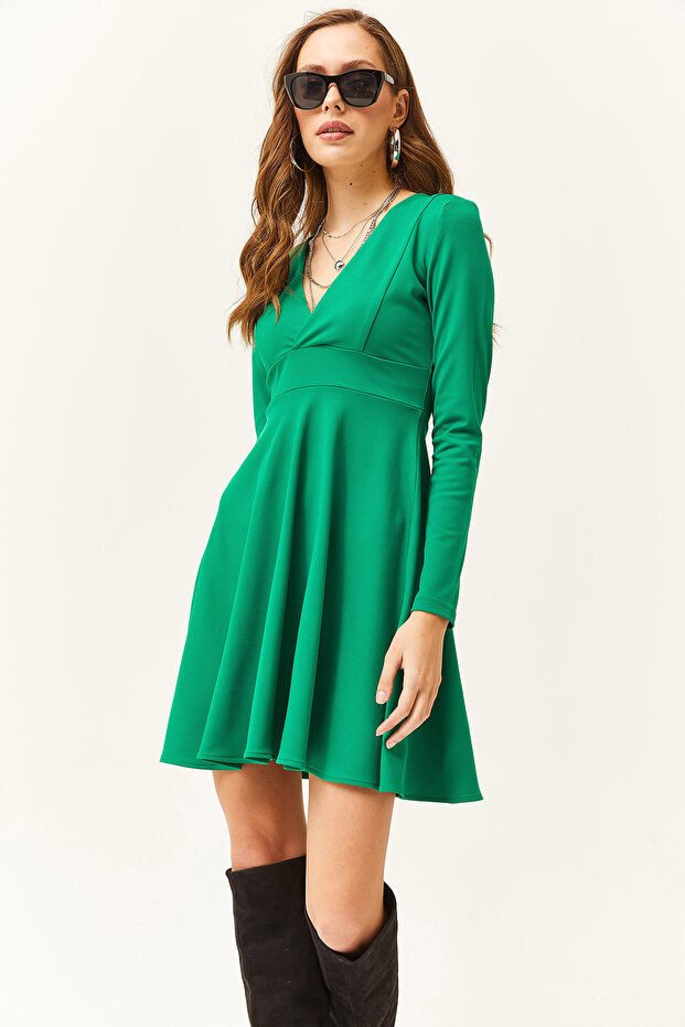 Women's Green Double Breasted Collar Flared Mini Dress
