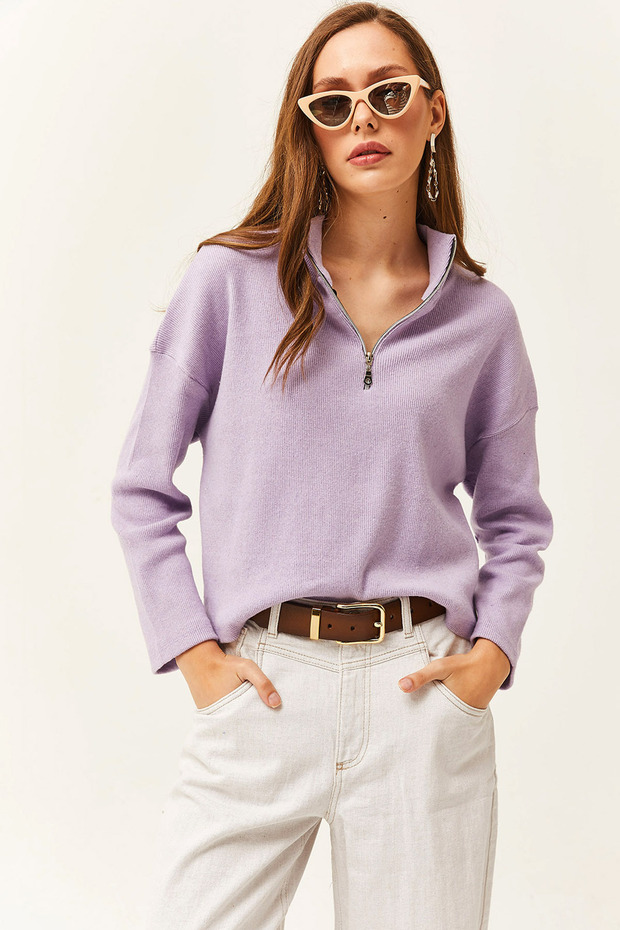 Women's Lilac Zippered Stand Collar Hooded Sweater