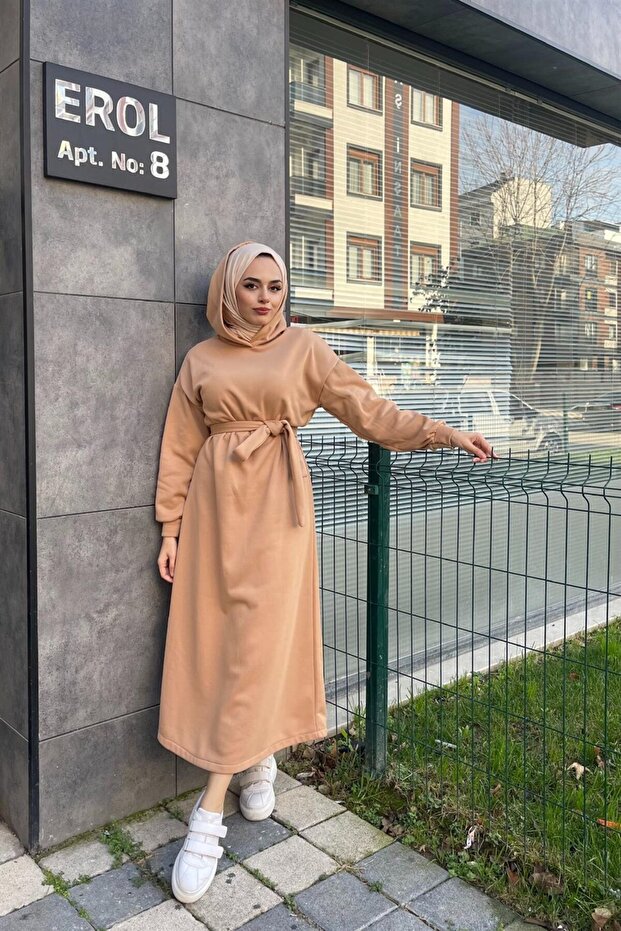 Üç Iplik Kapşonlu Elbise Sütlükahve - 3