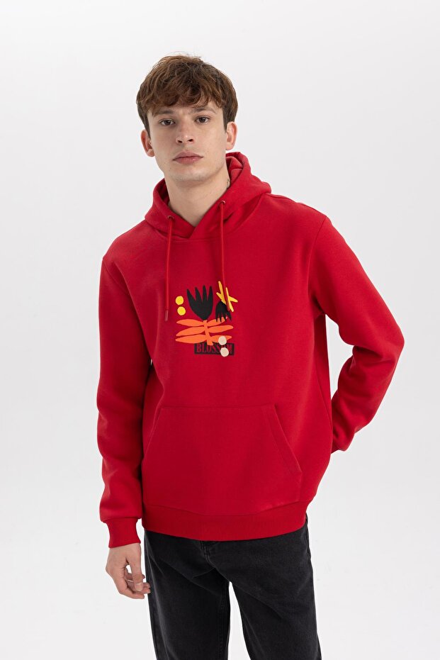 Regular Fit Kapüşonlu Baskılı Sweatshirt - 1
