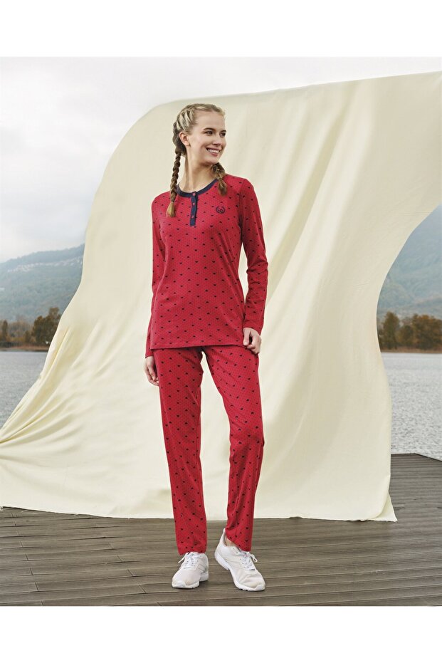 Women's Red Heart Patterned Long Sleeve T-shirt Pajama Set 4203