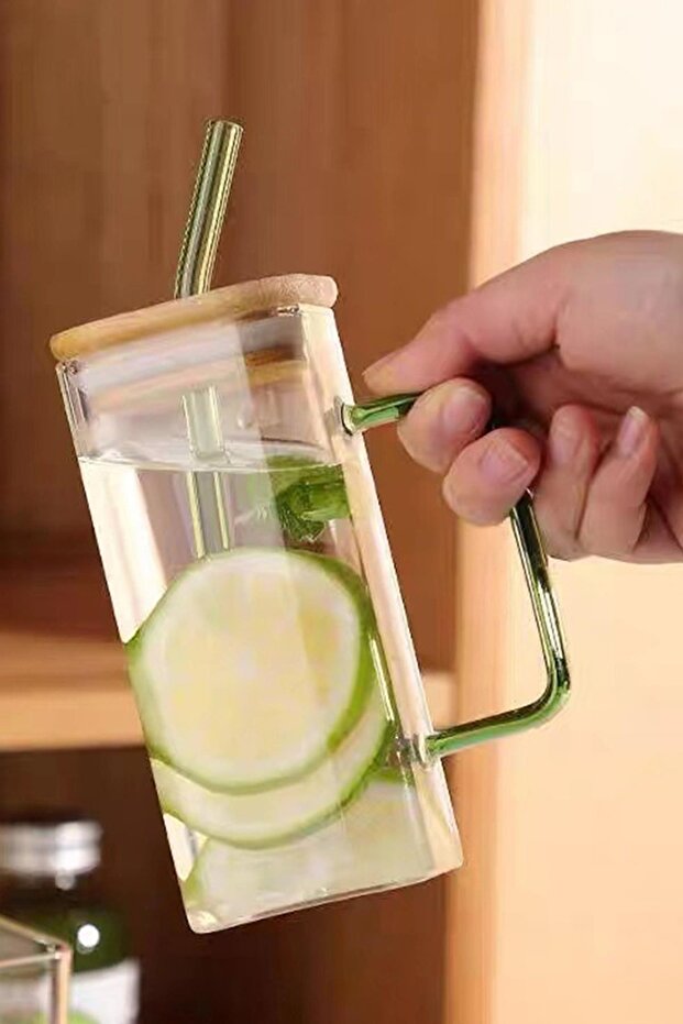 Borosilicate Glass Mug Cup Square Mug with Straw 350ml Thermal Cup Green Handle