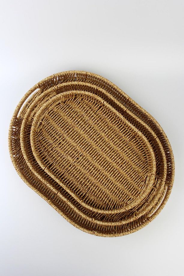 3 lü Rattan Tepsi Dekoratif Tepsi Hasır Örme Tepsi Oval Krem - 3