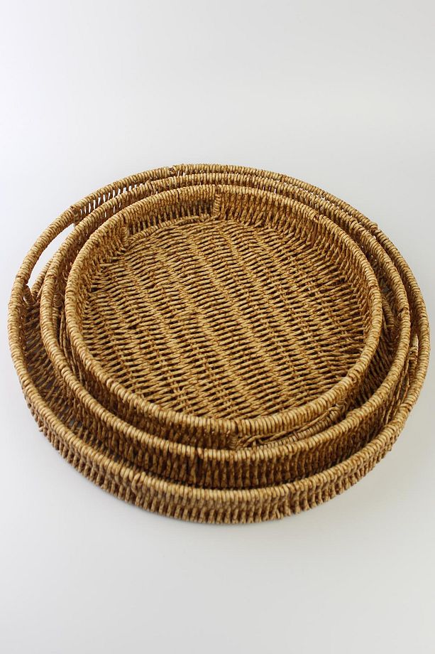 3 lü Rattan Tepsi Dekoratif Tepsi Hasır Örme Tepsi Yuvarlak Krem - 1