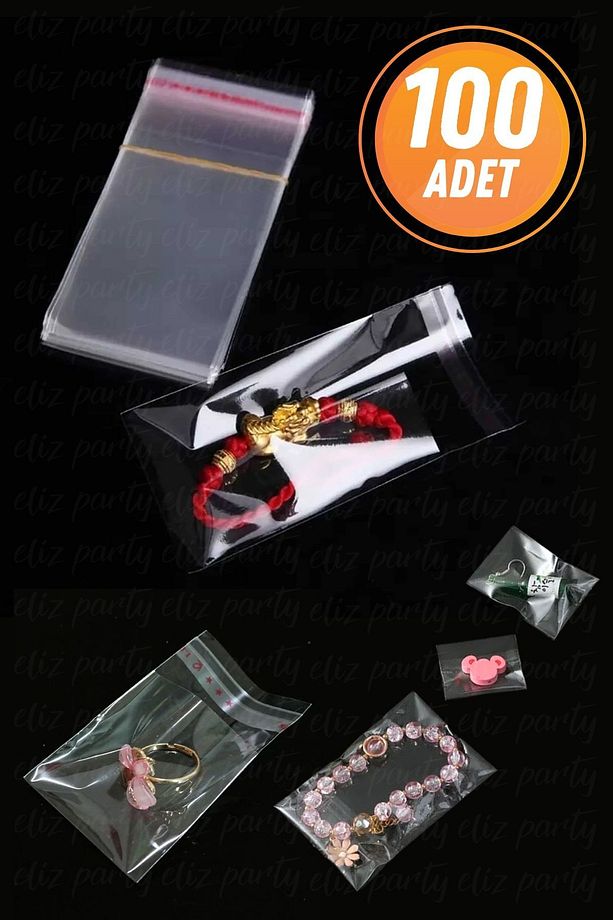 4.5x10cm Şeffaf Bantlı Yapışkanlı Opp Parlak Jelatin Poşet Bijuteri Aksesuar Paketleme Poşeti 100 Ad - 1