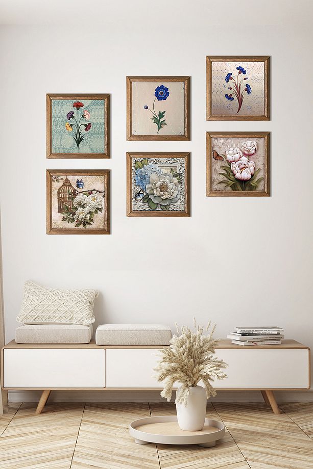 Ebru Sanatı, Kelebekli Çiçek Taş Duvar Tablosu Ahşap Çerçeveli Duvar Dekoru 6'lı Tablo Seti Wall Art - 1