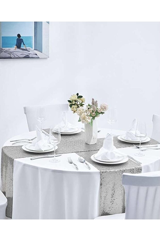 Silver Sequin Sequined Table Runner (40x140) - 3
