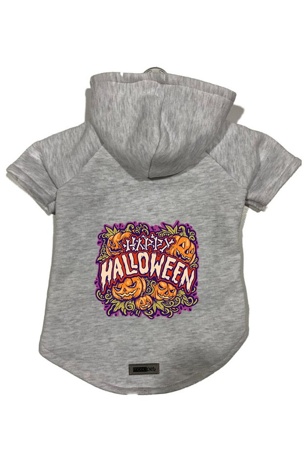 Hooded Fleece Sweatshirt Dog and Cat Outfit & Dress - Gray Happy Halloween - Size XS