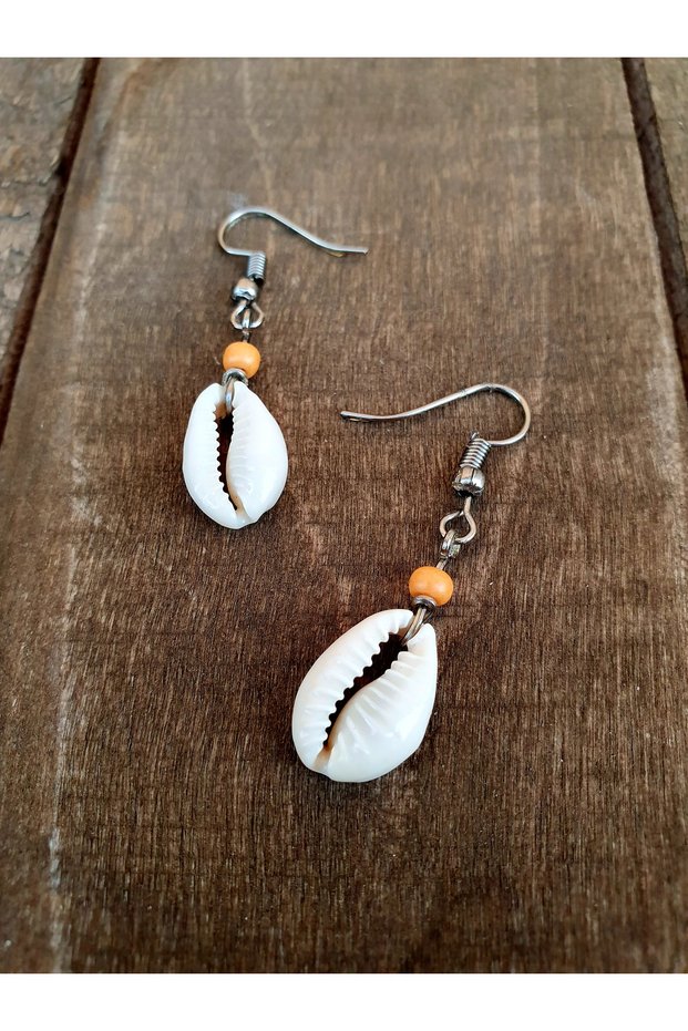 Real Sea Shell, Colorful Beaded Earrings (ORANGE)