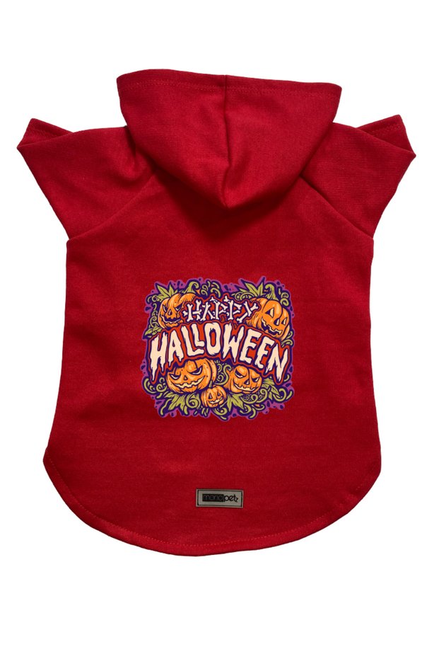 Hooded Fleece Sweatshirt Dog and Cat Outfit & Dress - Red Happy Halloween - Size S