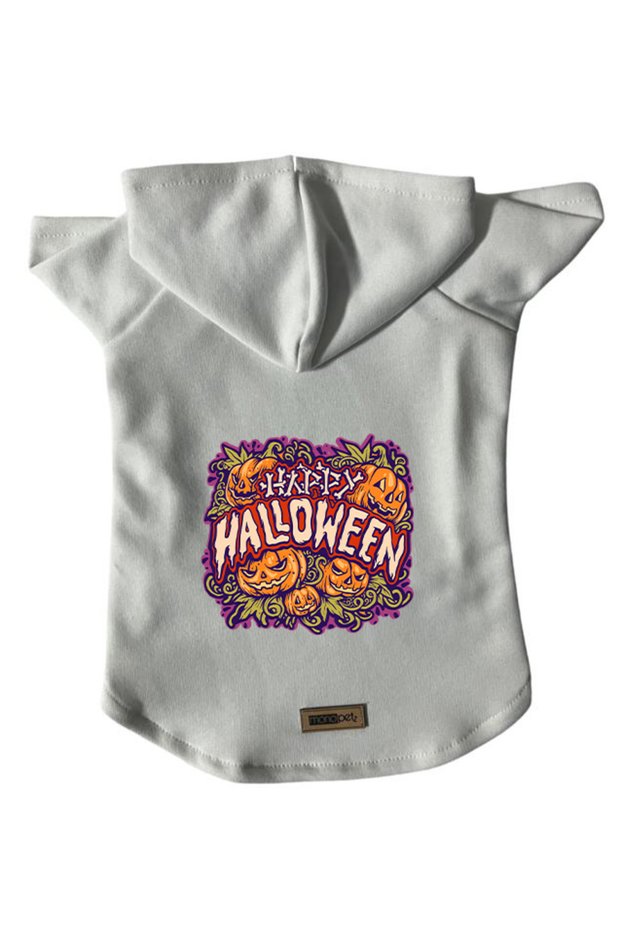 Hooded Fleece Sweatshirt Dog and Cat Outfit & Dress - White Happy Halloween - Size M