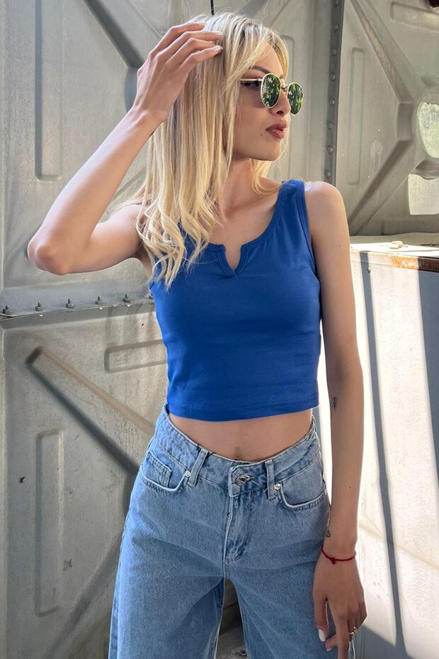 Mad Girls Front Detailed Cobalt Blue Crop Top MG362