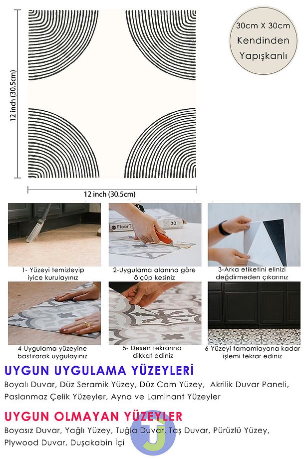 1Adet Kendinden Yapışkanlı Modern Tasarımlı Mutfak Banyo Zemin Duvar Kaplama PVC 30cm×30cm - 6