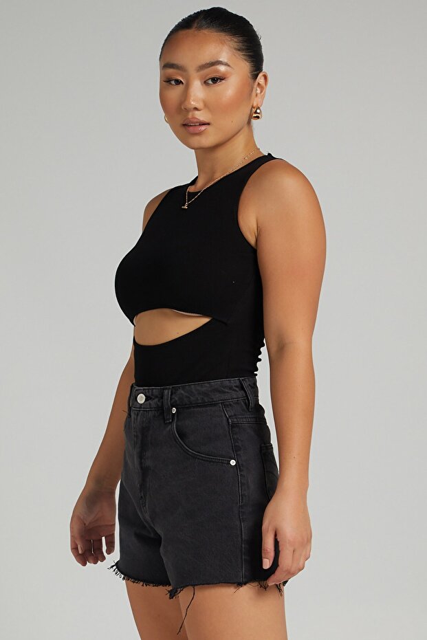 Siyah Yırtık Detaylı Basic Bodysuit - 5