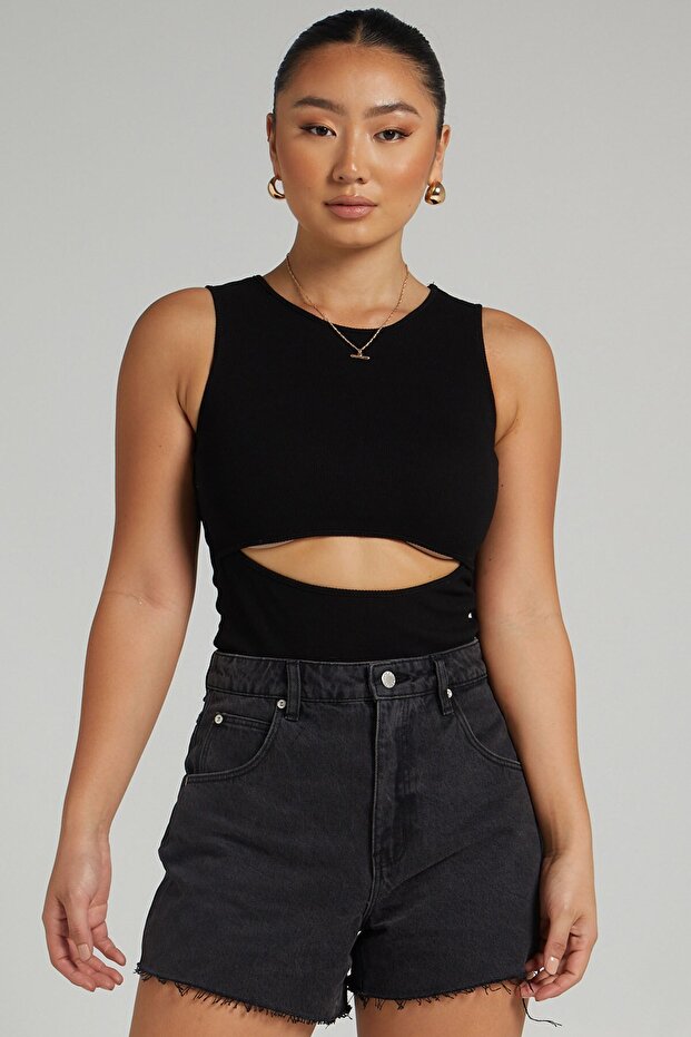 Siyah Yırtık Detaylı Basic Bodysuit - 6