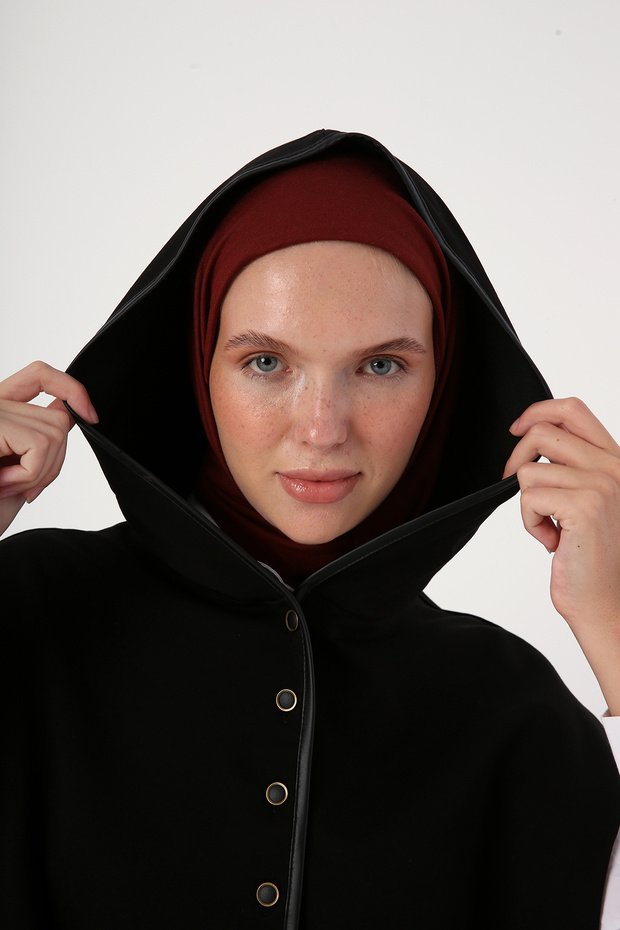 Schwarzer halblanger Strickpullover mit Kapuze - 5