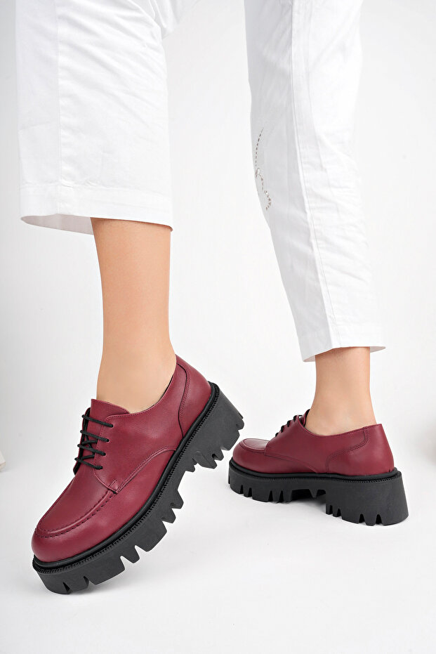 Genuine Leather Burgundy Women's Serrated Platform Sole Loafer Shoes Trc-4003
