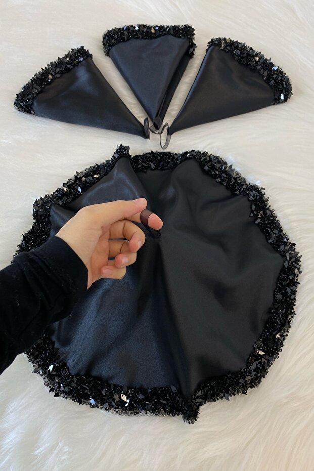 Black Bridal Handkerchief, Halay Handkerchief, Sequined Beaded Pearled Leaf Detailed