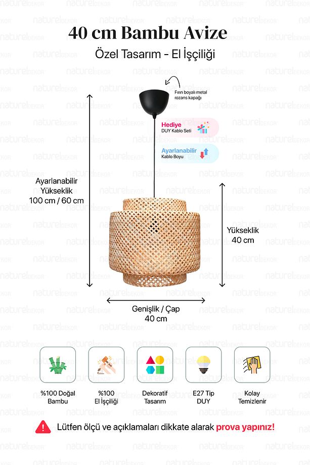 Sinnerlig Bambu Avize 40cm- Iskandinav, Modern, Bohem, Rattan Avize, Aydınlatma - 5