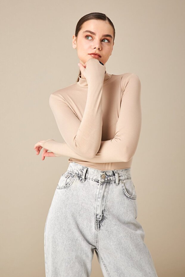 Kadın Krem Soft Touch Basic Parmak Detaylı Body - 3