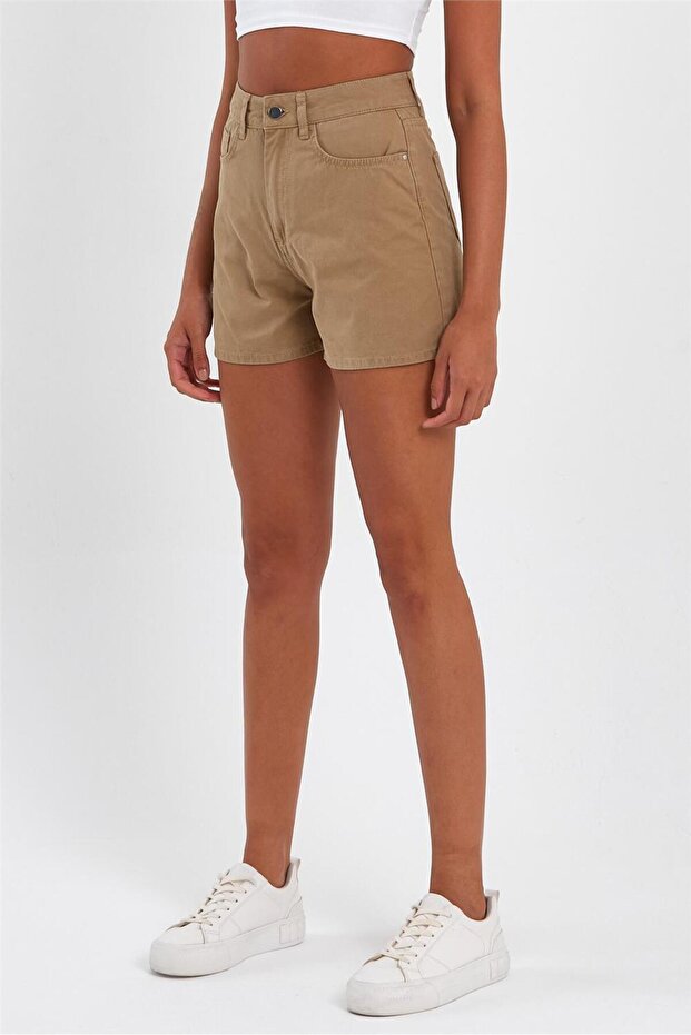 - Kadın Mini Slim Denim Şort Camel - 3